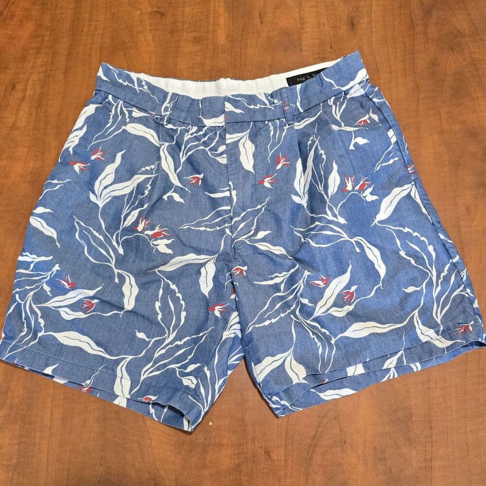 Rag & Bone Mens Pleated Front Bird And Floral Print Preppy Cotton Shorts 30